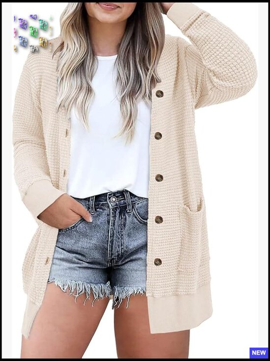 Sweaters - Oversized Waffle Knit Cardigan Long Sleeve Button Front Pockets Casual Chic